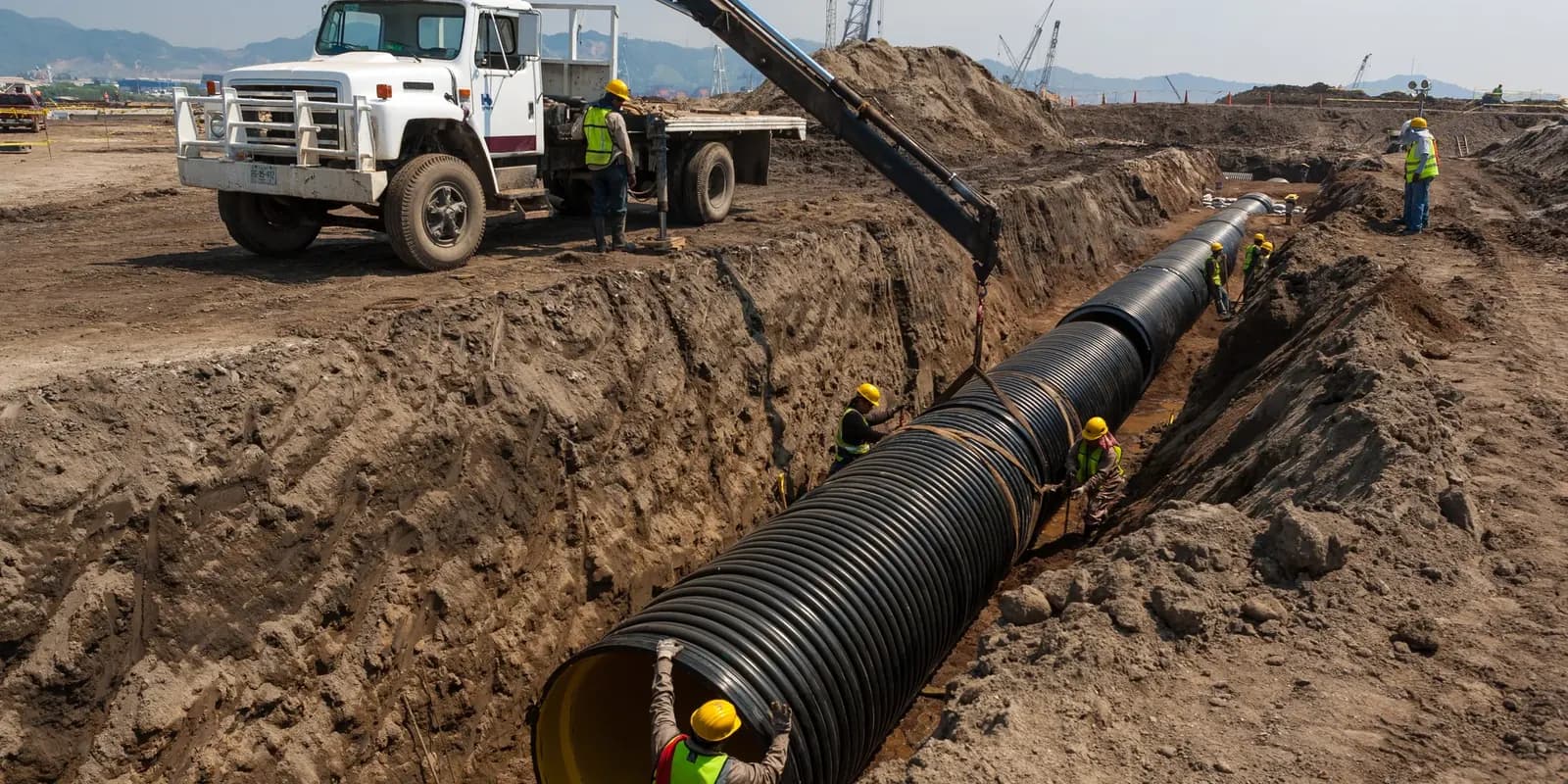 Excavated trench exposing a drainage pipe for repair