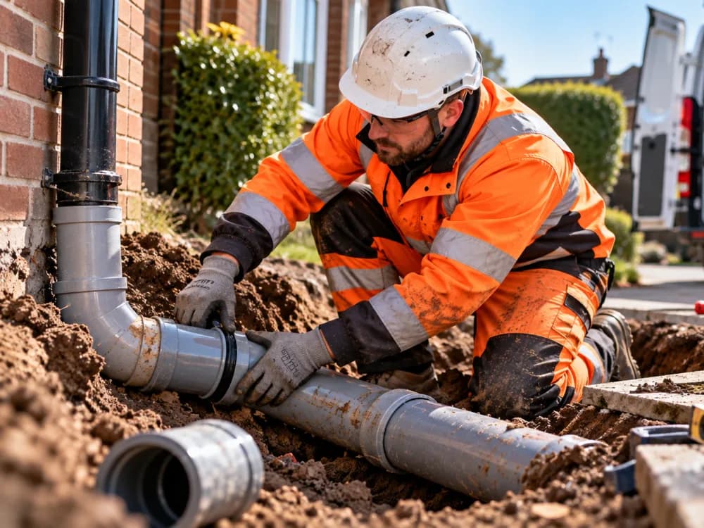 Engineer fitting a new section of drainage pipe in an excavated trench