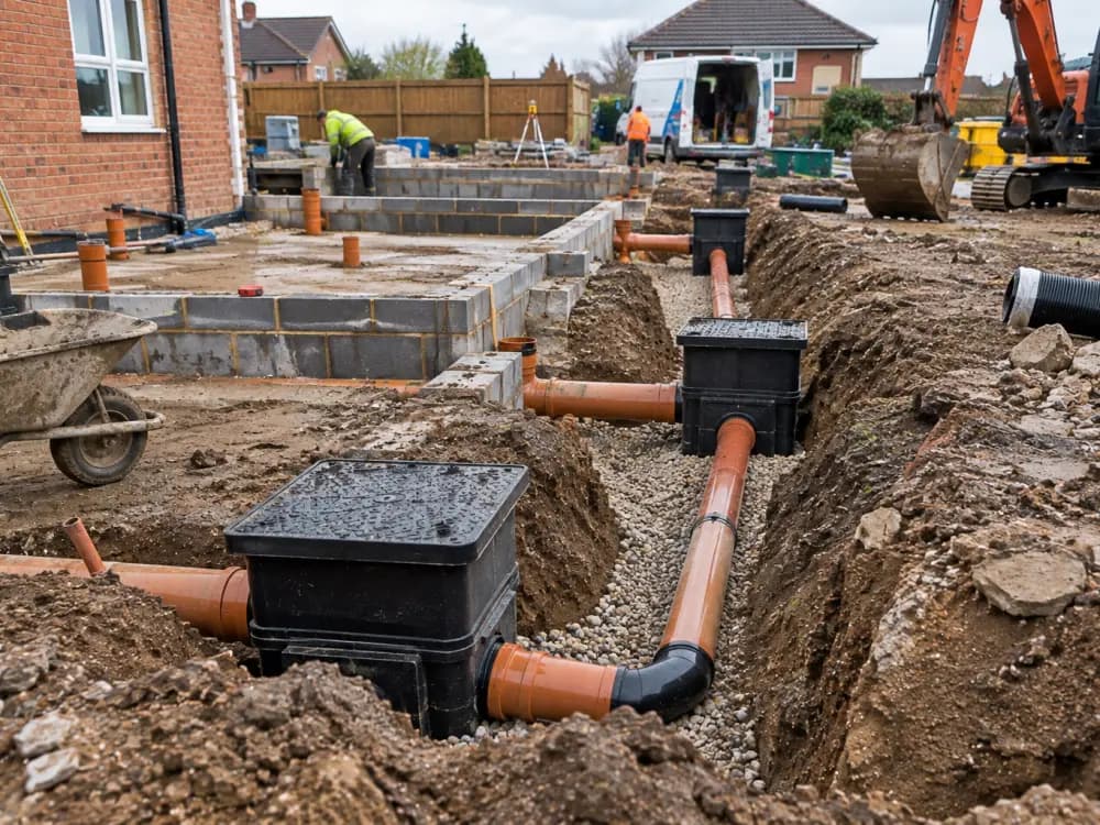 New drainage laid across a building plot — orange pipe runs and inspection chambers bedded on gravel beside fresh blockwork footings, excavator on site