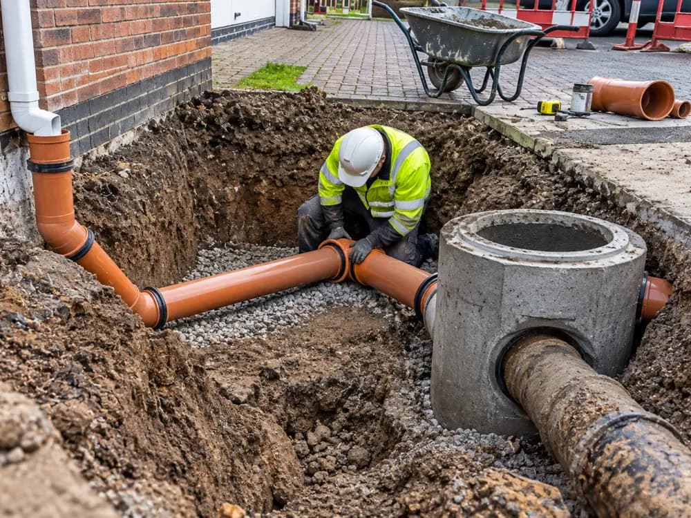 Engineer in hi-vis jointing a new orange drain run into a concrete inspection chamber in an open excavation beside a house