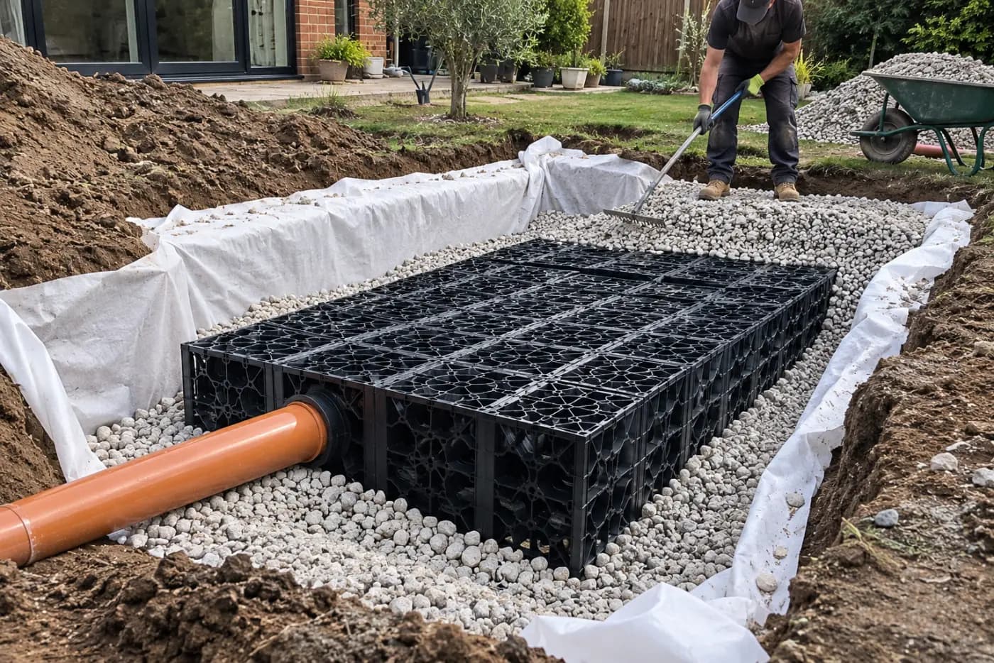 Modular crate soakaway wrapped in geotextile and surrounded by gravel, orange inlet pipe connected, engineer raking stone behind