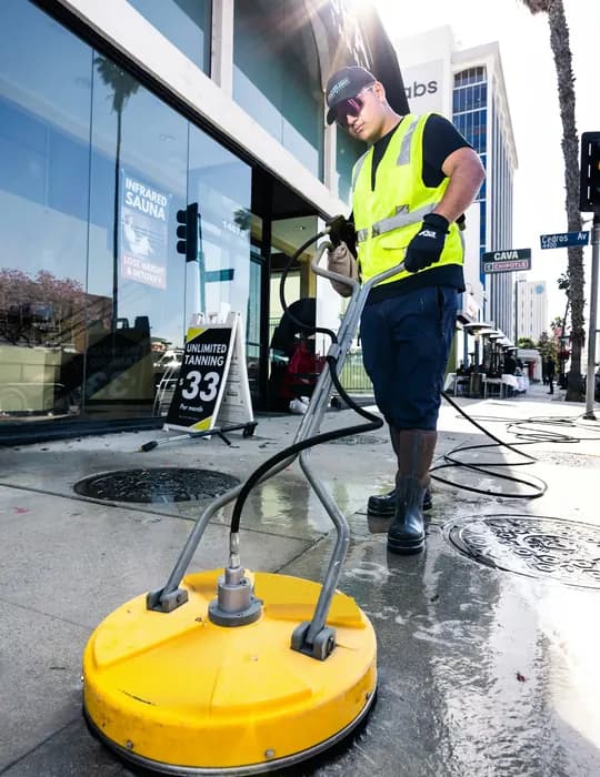 Engineer pressure-cleaning paving outside a shop