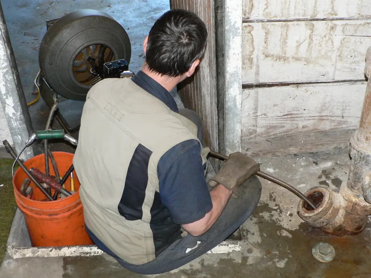Engineer using a powered drain cleaning machine
