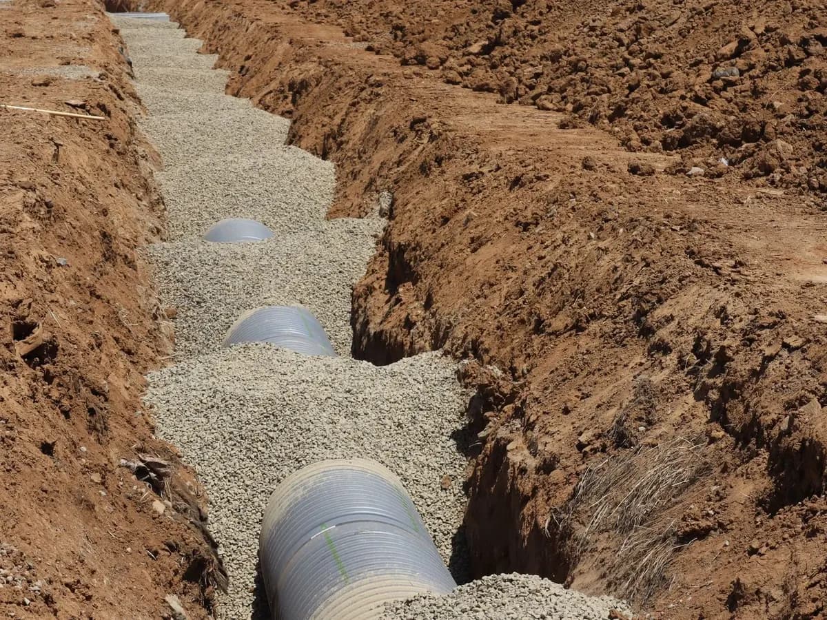 New drainage pipe bedded in gravel in an excavated trench
