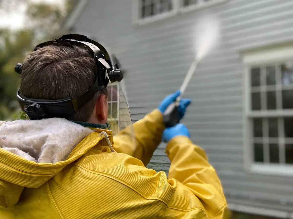 Pressure washing the exterior of a house
