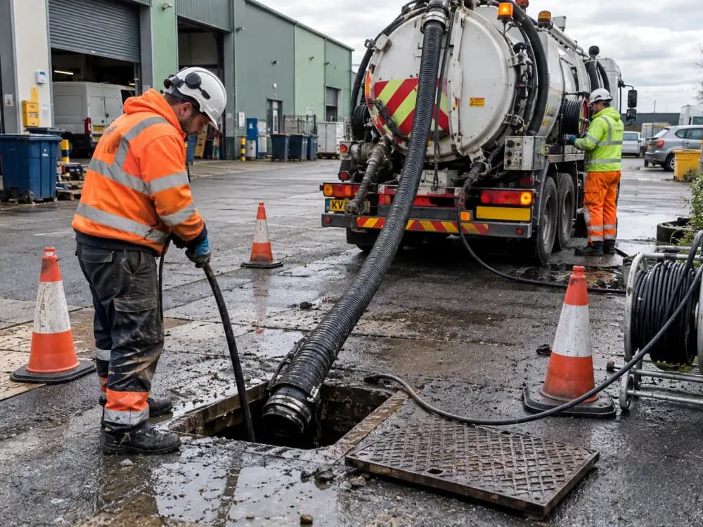 Two engineers jetting a manhole from a tanker outside a commercial unit