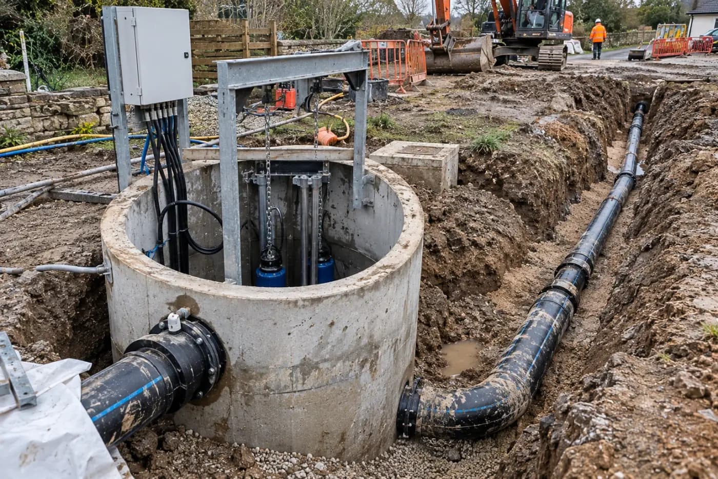 Concrete pumping station chamber with twin submersible pumps on guide rails, control panel alongside and the rising main laid out along the trench