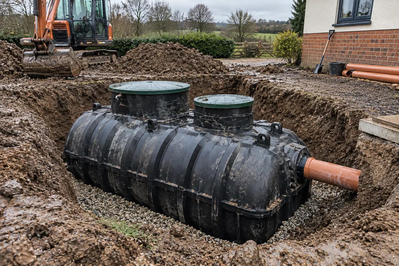 Black twin-chamber septic tank bedded on gravel in an excavation at a rural property, excavator standing by
