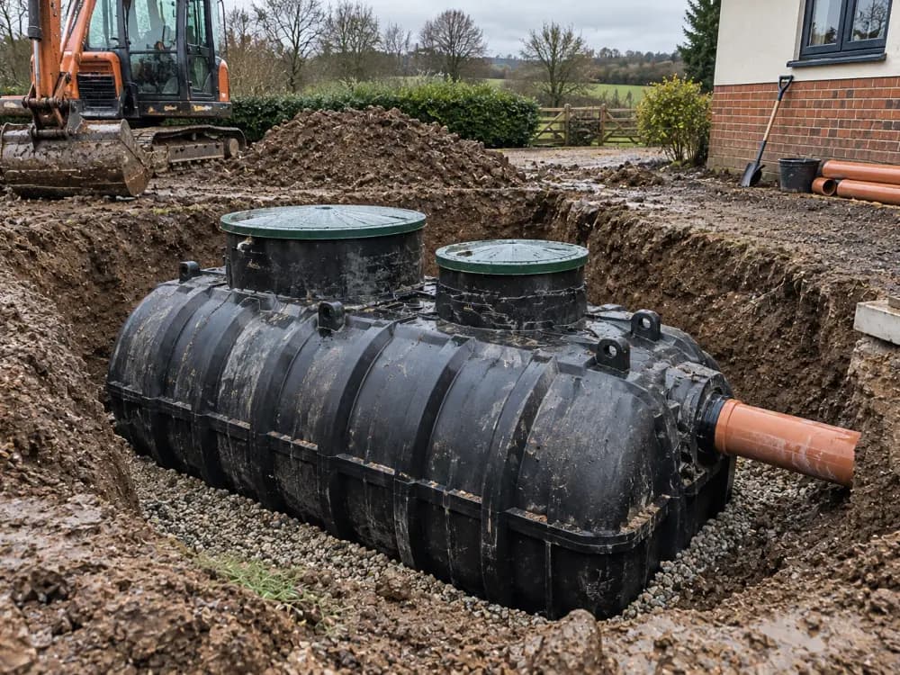 Black twin-chamber septic tank bedded on gravel in an excavation at a rural property, excavator standing by