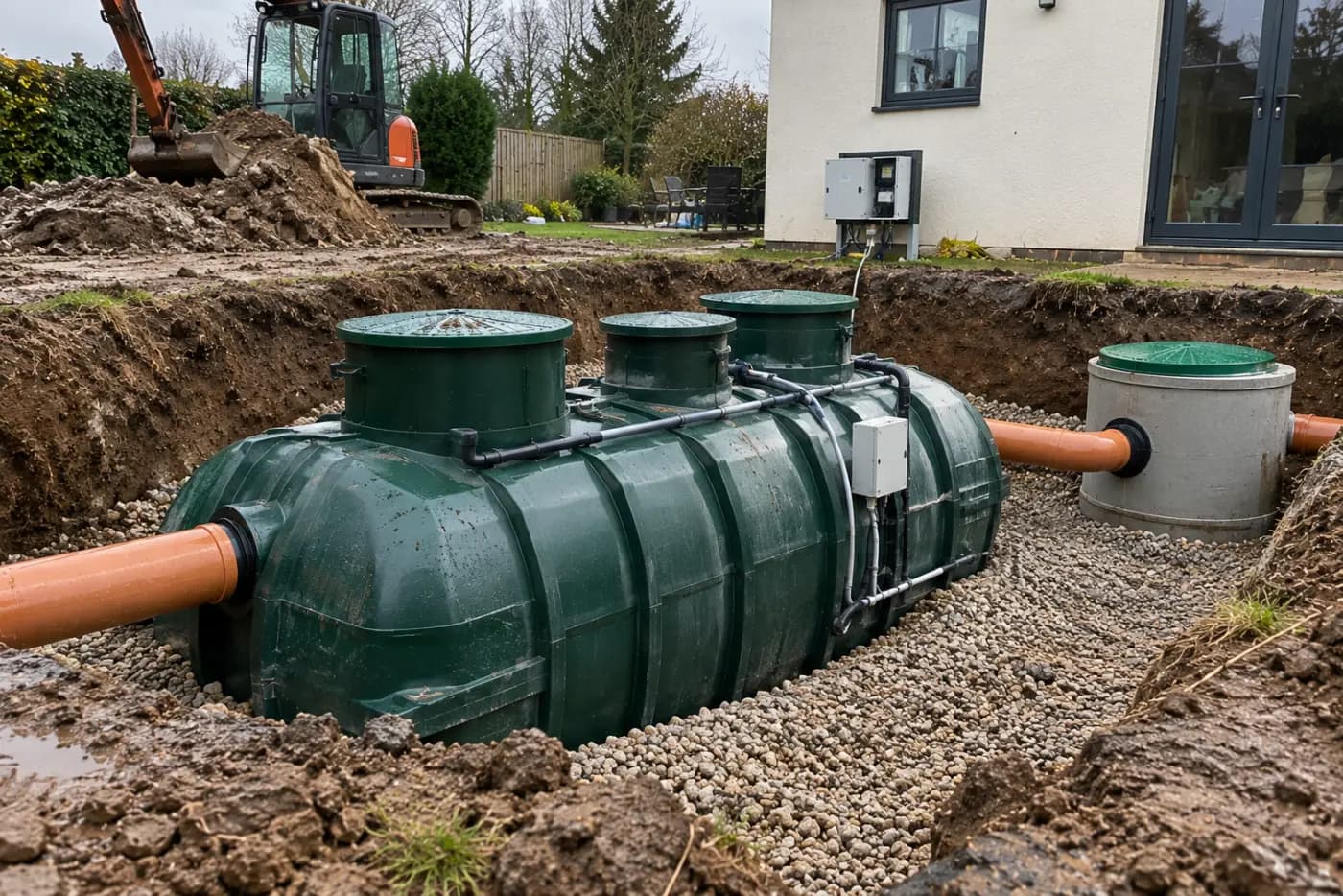 Green package sewage treatment plant set in gravel with its pipework and blower connected, control panel on the house wall