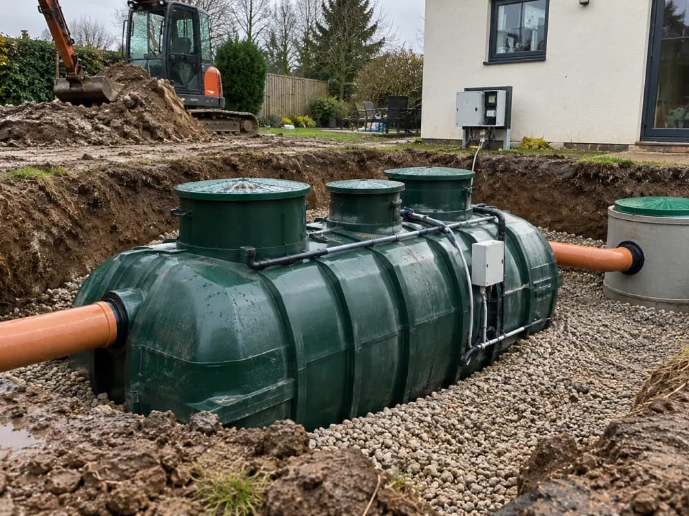 Green package sewage treatment plant set in gravel with its pipework and blower connected, control panel on the house wall