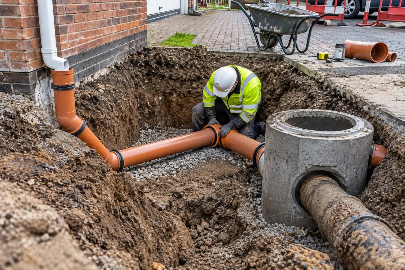 Engineer in hi-vis jointing a new orange drain run into a concrete inspection chamber in an open excavation beside a house