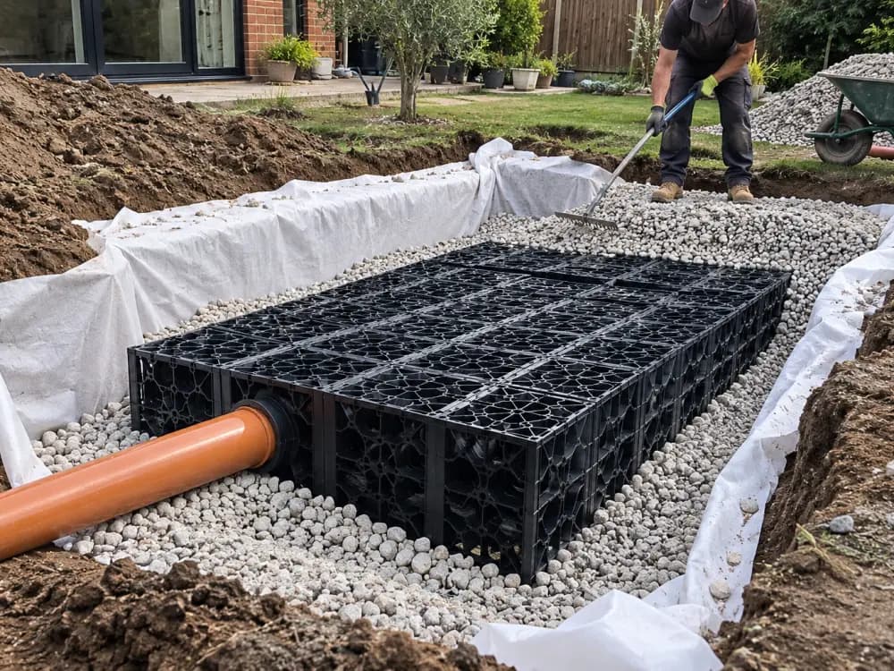 Modular crate soakaway wrapped in geotextile and surrounded by gravel, orange inlet pipe connected, engineer raking stone behind